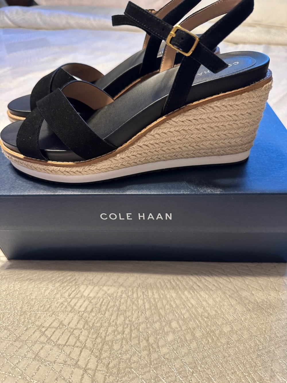 Cole Haan Black Suede Wedge Sandals with Ankle Strap - Picture 4 of 8